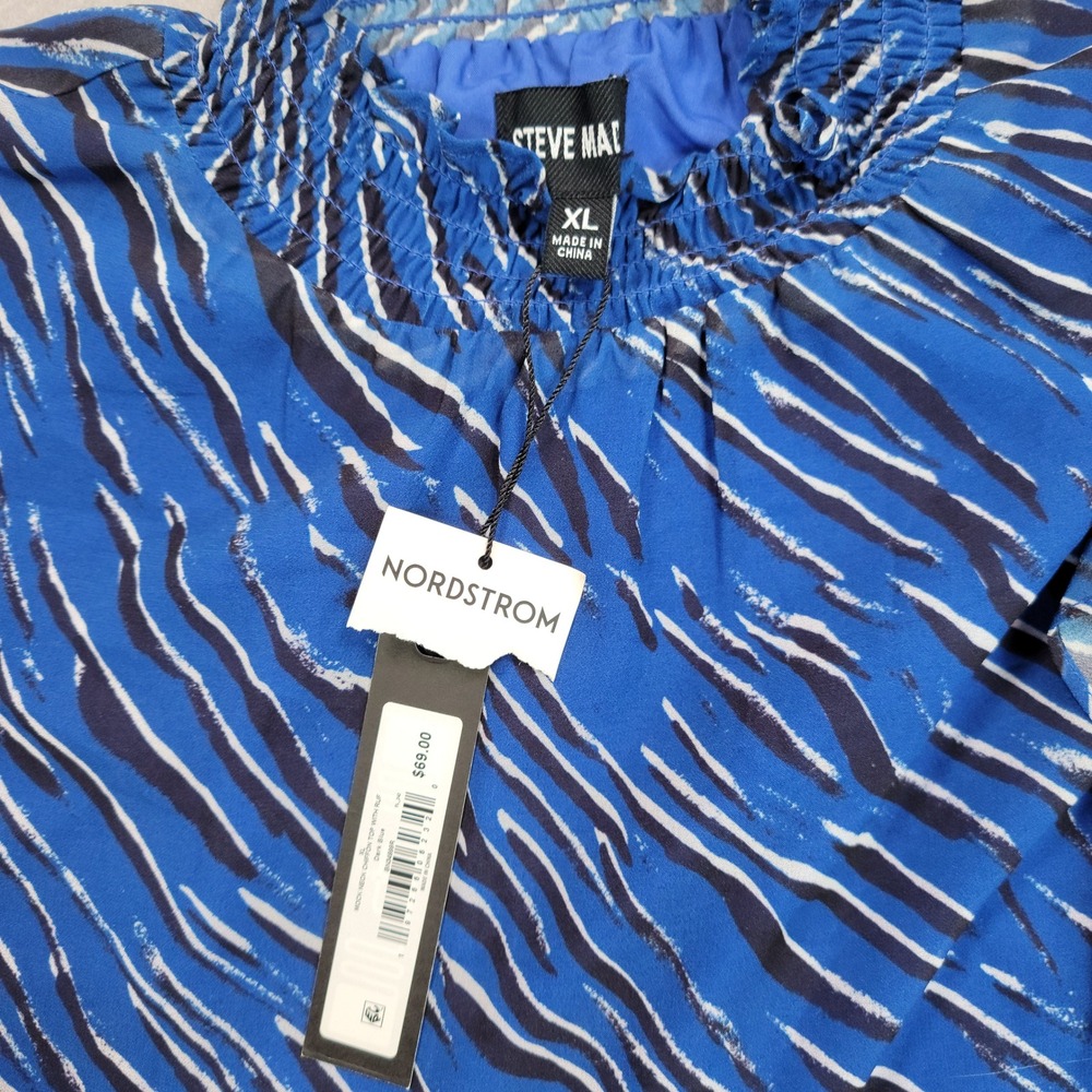 Steve Madden Womens Mock Neck Chiffon Top Blue Zebra Print Ruffle XL NWT - Picture 8 of 13